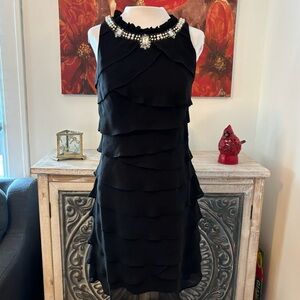 SL Fashions Sleeveless layered ruffles dress rhinestone and faux pearl collar